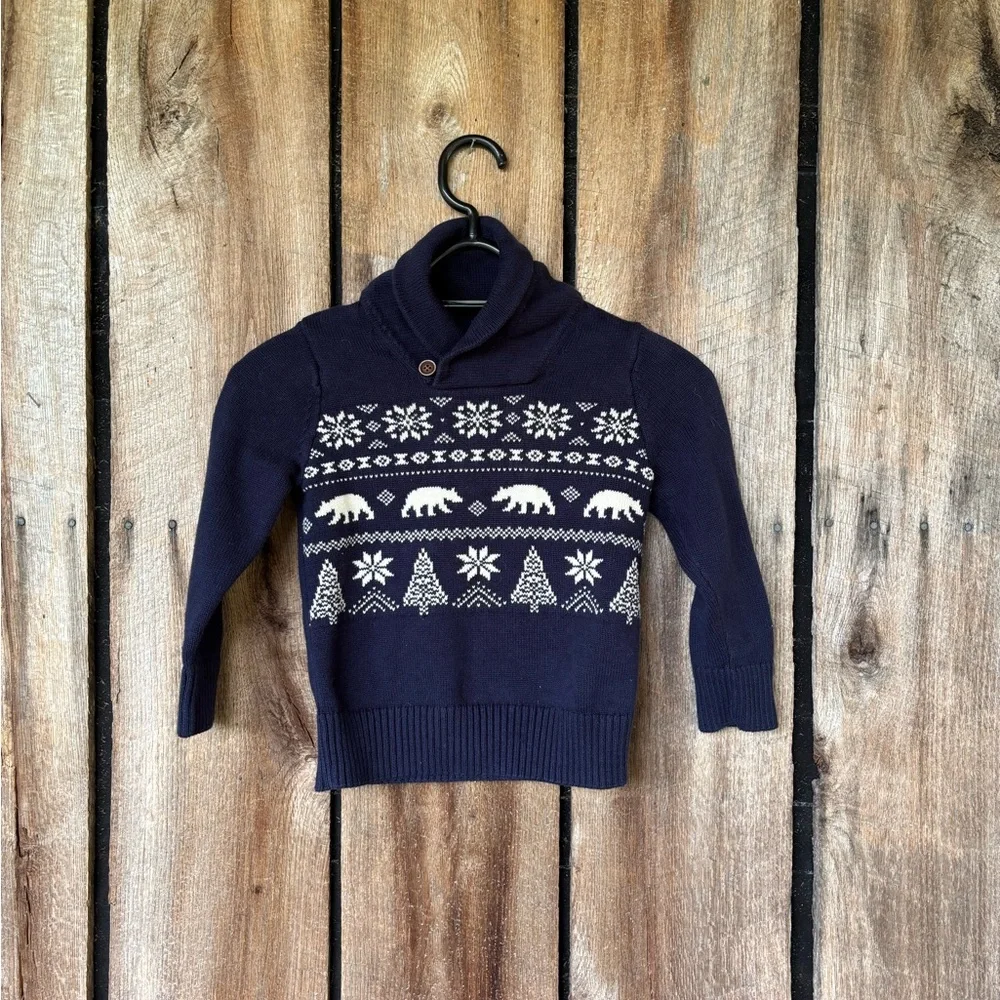 The Children’s Place Boys Navy Blue Fair Isle Shawl Collar Sweater Size 4‎